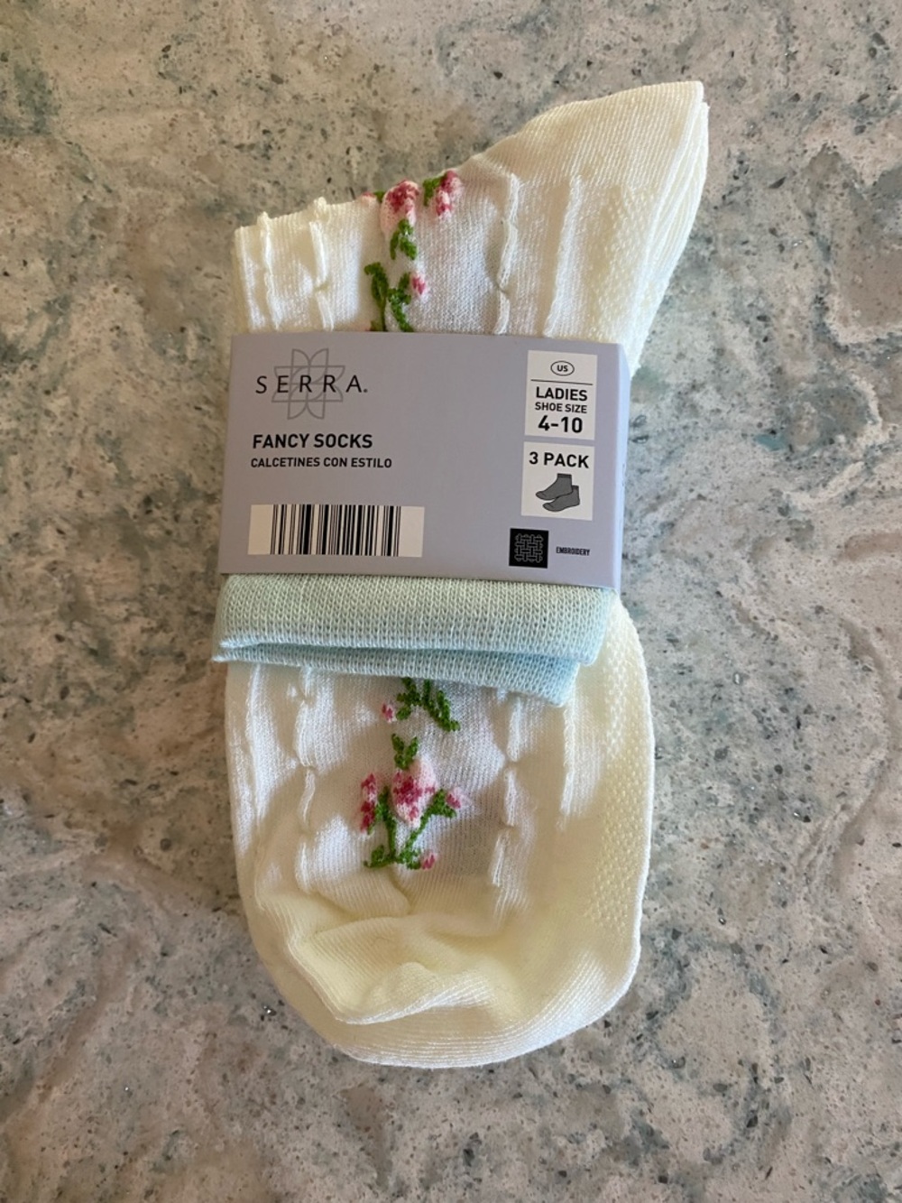 Serra White Floral Casual Socks with Pink & Green Embroidery